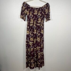 Natural Life Burgundy Floral Smocked Off Shoulder Maxi Dress XS/S Boho Tiered